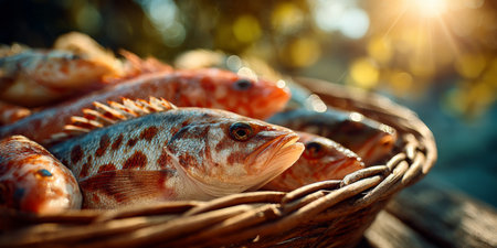 Freshly caught fish displayed in a woven basket during golden hour at a serene outdoor locationの素材