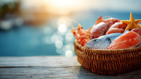 Fresh seafood display on wooden table near the coast during sunsetの素材