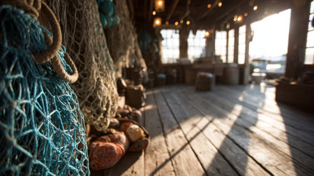Fishing nets and rustic wooden interior in a coastal building during golden hourの素材