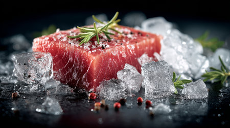 Freshly cut salmon fillet on ice with herbs and spices for a flavorful seafood dishの素材