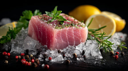 Fresh tuna steak with herbs and lemon on crushed ice for a gourmet culinary preparationの素材