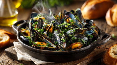 Delicious mussels served in a rustic dish with fresh herbs and bread on a wooden tableの素材