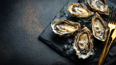 Freshly shucked oysters served on a slate plate with garnishes in a gourmet settingの素材