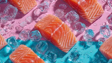 Fresh salmon fillets arranged on colorful backgrounds with ice cubes for a vibrant culinary displayの素材