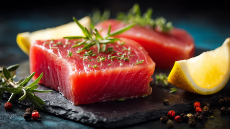 Fresh tuna steaks on a dark stone plate with herbs and lemon wedges ready for cookingの素材