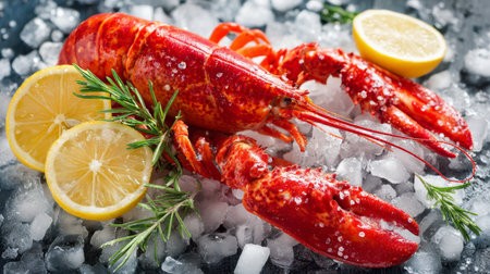 Freshly cooked lobster served with lemon slices and herbs on a bed of ice for a gourmet seafood experienceの素材