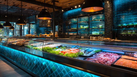 Modern seafood market features fresh fish, vibrant displays, and stylish lighting in urban locationの素材