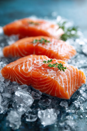 Fresh salmon fillets on ice with herbs at a seafood market ready for cooking or diningの素材