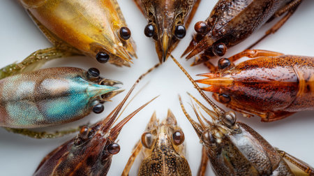 Various shrimp types arranged in a circle on a white surface showcasing their unique colors and featuresの素材