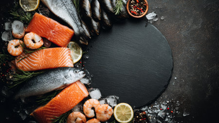 Fresh seafood arrangement with salmon, shrimp, and herbs on a dark slate background ready for cooking or servingの素材