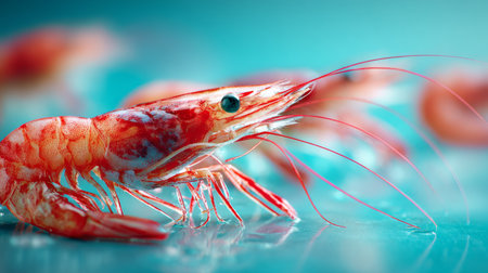 Freshly caught shrimp on a blue background showcases the vibrant colors and details of seafoodの素材