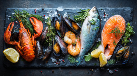 Fresh seafood platter with lobster, shrimp, and various shellfish arranged on a dark stone trayの素材