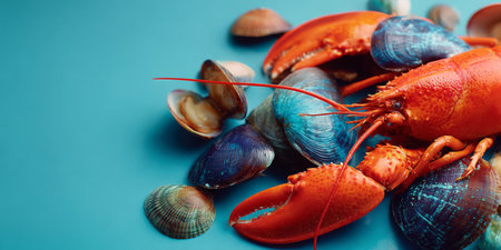 Fresh seafood display featuring lobster and various shellfish on a bright blue backgroundの素材