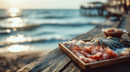 Fresh seafood platter served on wooden table by the beach during sunset with shimmering ocean in the backgroundの素材