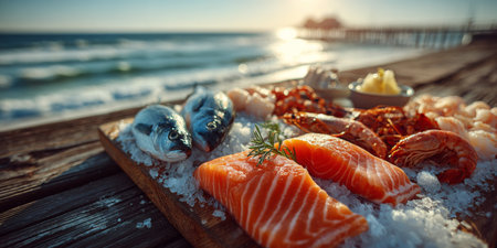 Fresh seafood platter on a wooden board by the beach during sunsetの素材