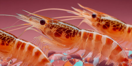 Close-up view of vibrant shrimp showcasing intricate details and textures against a soft backgroundの素材