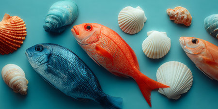 Colorful fish and seashells arranged artistically on a blue surface showcasing ocean lifeの素材