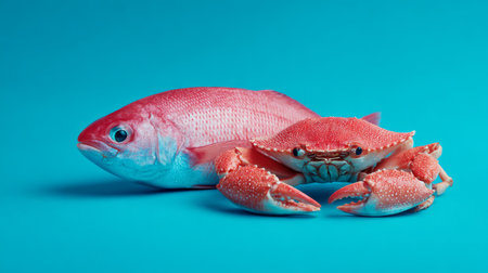 Colorful fish and crab displayed together on a bright blue backgroundの素材