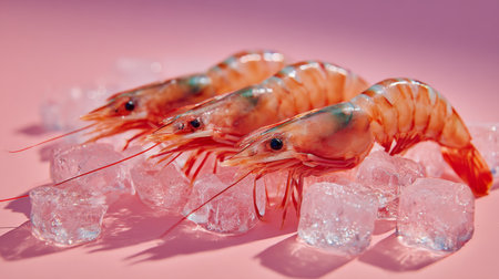 Fresh shrimp on ice ready for preparation and cooking in a vibrant settingの素材