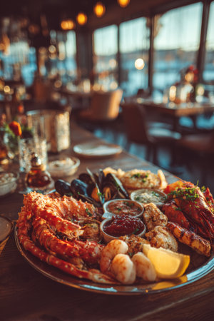 Seafood platter served in a cozy restaurant during sunset by the waterfrontの素材