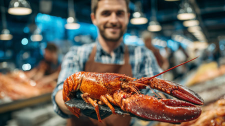 Expert fisherman showcases freshly caught lobster at bustling seafood market in the eveningの素材