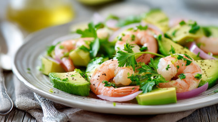 Fresh shrimp salad with avocado, lime, and herbs on a rustic wooden tableの素材