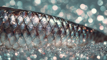 Scales of a fish glimmering under soft light near waters edgeの素材