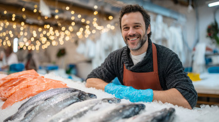 Smiling fishmonger at a busy market with fresh seafood display in a lively atmosphereの素材