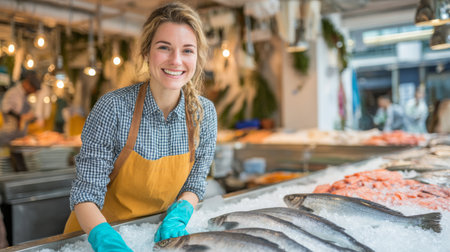 Fishmonger selling fresh seafood at an open market in a bustling city during daytimeの素材