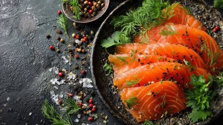 Freshly sliced salmon garnished with herbs and spices on a dark textured surfaceの素材