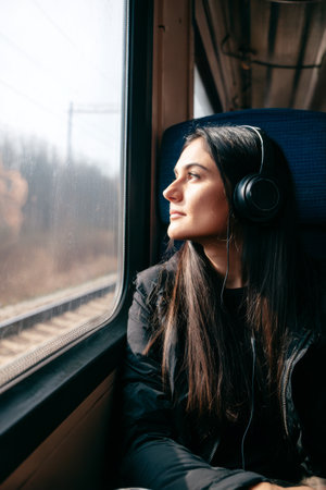 Woman enjoying a peaceful train ride while listening to music and gazing out the windowの素材