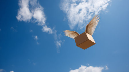 Flying box with wings soaring in a blue sky filled with fluffy cloudsの素材