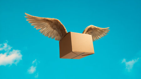 Delivery box with wings soaring through a bright blue sky on a sunny dayの素材