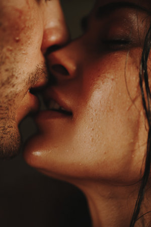 Couple sharing a passionate kiss under soft lighting in an intimate settingの素材
