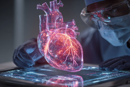 Medical professional examines glowing 3D heart model during advanced surgical training sessionの素材