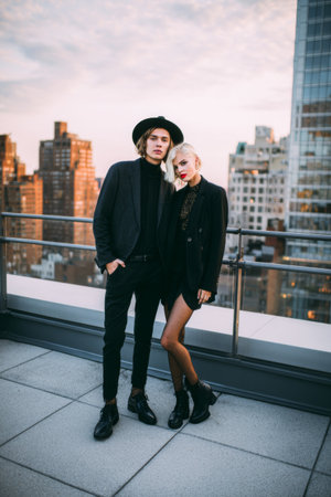 Stylish couple poses on a rooftop with city skyline at sunset in a fashionable urban settingの素材