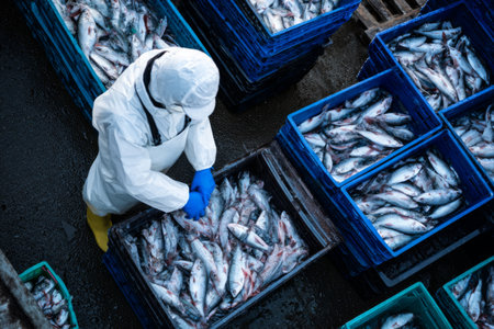 Seafood processing at a busy fish market during early morning hoursの素材