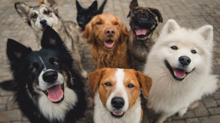 Group of happy dogs enjoying a sunny day at a park with friends and playful energyの素材