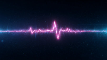 Bright pink pulse line on a dark background representing heartbeat and health monitoring in medical technologyの素材