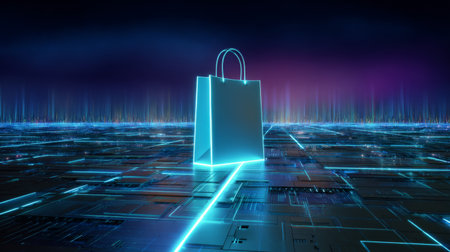 Digital shopping bag glowing in futuristic landscape with neon lights and high-tech backgroundの素材