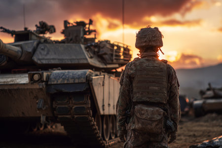 Soldier observing tank operations during sunset in a military training exerciseの素材