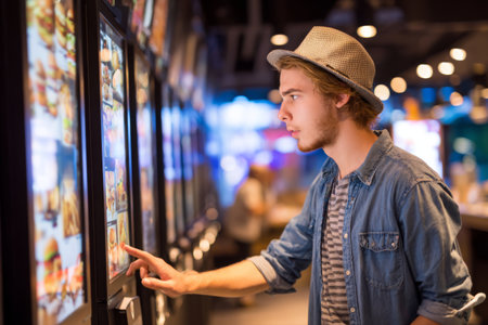 Young man choosing food options at a digital vending machine in a modern food hall during the afternoonの素材