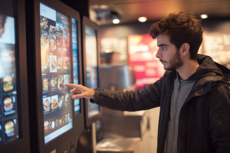 Young man using digital kiosk to order food in a fast food restaurant during lunch hourの素材