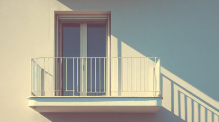 A modern balcony with a minimalist design casting shadows on a serene wall during a bright afternoonの素材