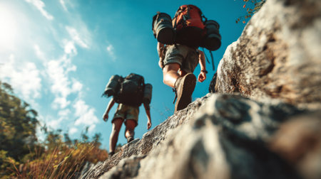 Explorers trek along rocky path under clear blue skies during bright afternoon hike in nature reserveの素材