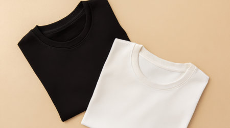 Simple black and white t-shirts displayed on a neutral background for casual wearの素材