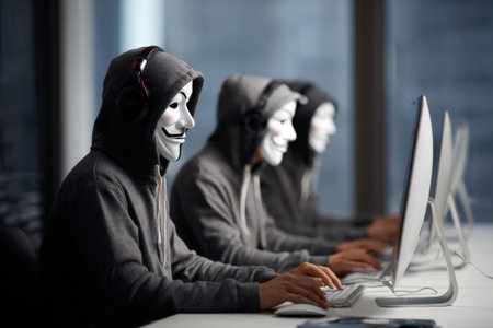 Group of people wearing masks working on computers in a modern office setting during evening hoursの素材