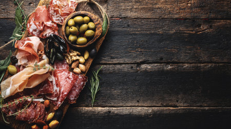 Selection of cured meats, olives, and nuts presented on a rustic wooden board for an inviting appetizer spreadの素材