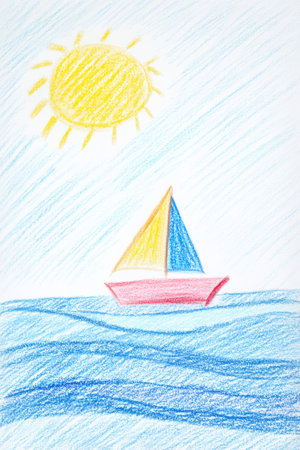 Colorful sailboat on a bright sunny day floating on blue waves in a hand-drawn artworkの素材