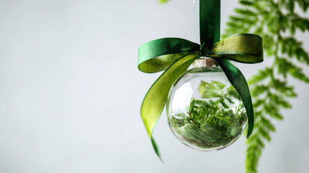 Beautiful glass ornament with green ribbon and natural greenery, ideal for festive decorations in any home settingの素材